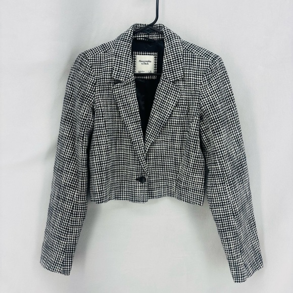 Abercrombie & Fitch Women’s XS A&F Black Houndstooth Cropped Tweed Blazer jacket - Picture 3 of 10